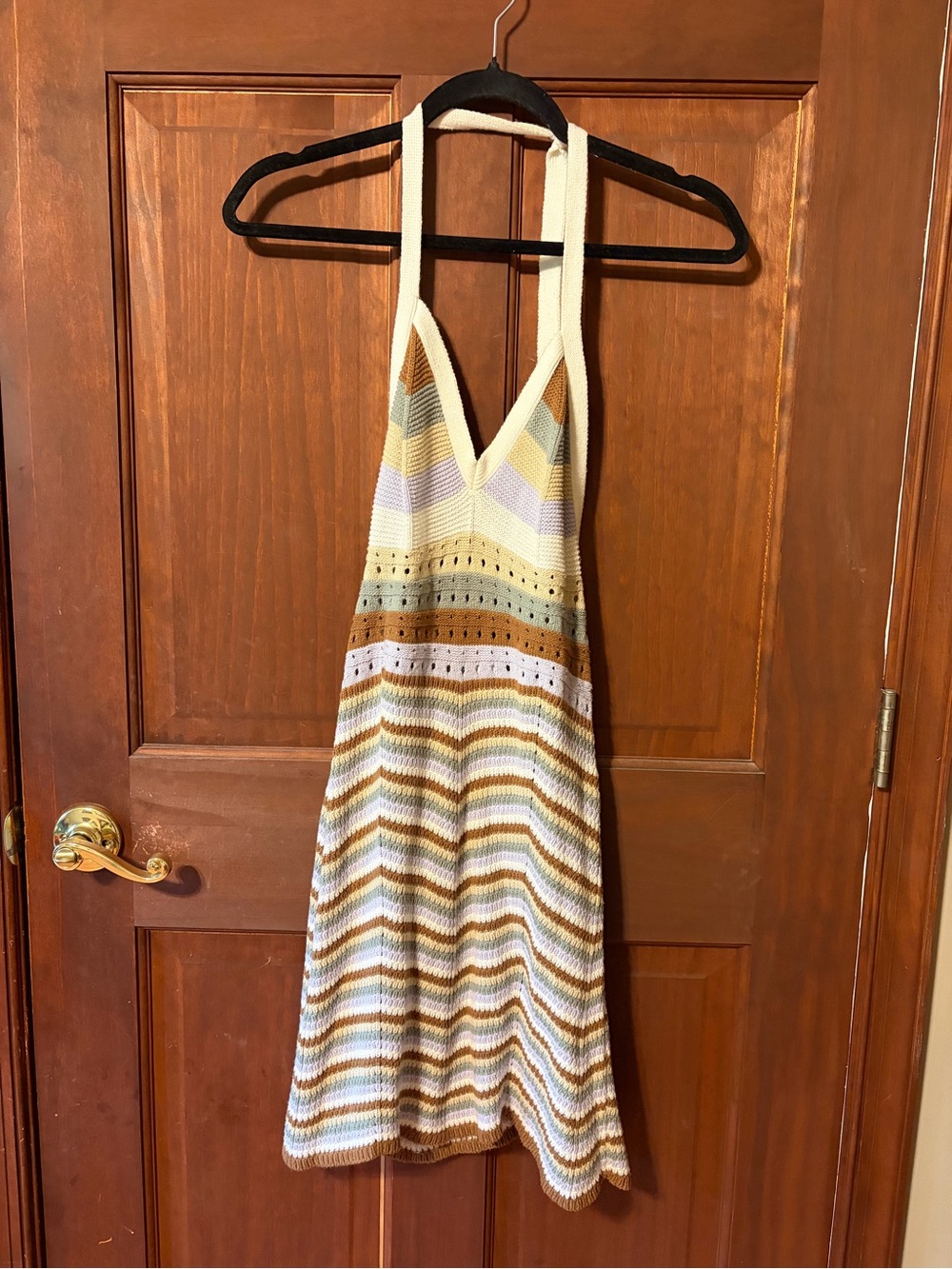 Pink Rose Backless Halter Crochet Dress in Cream, Tan & Light Blue